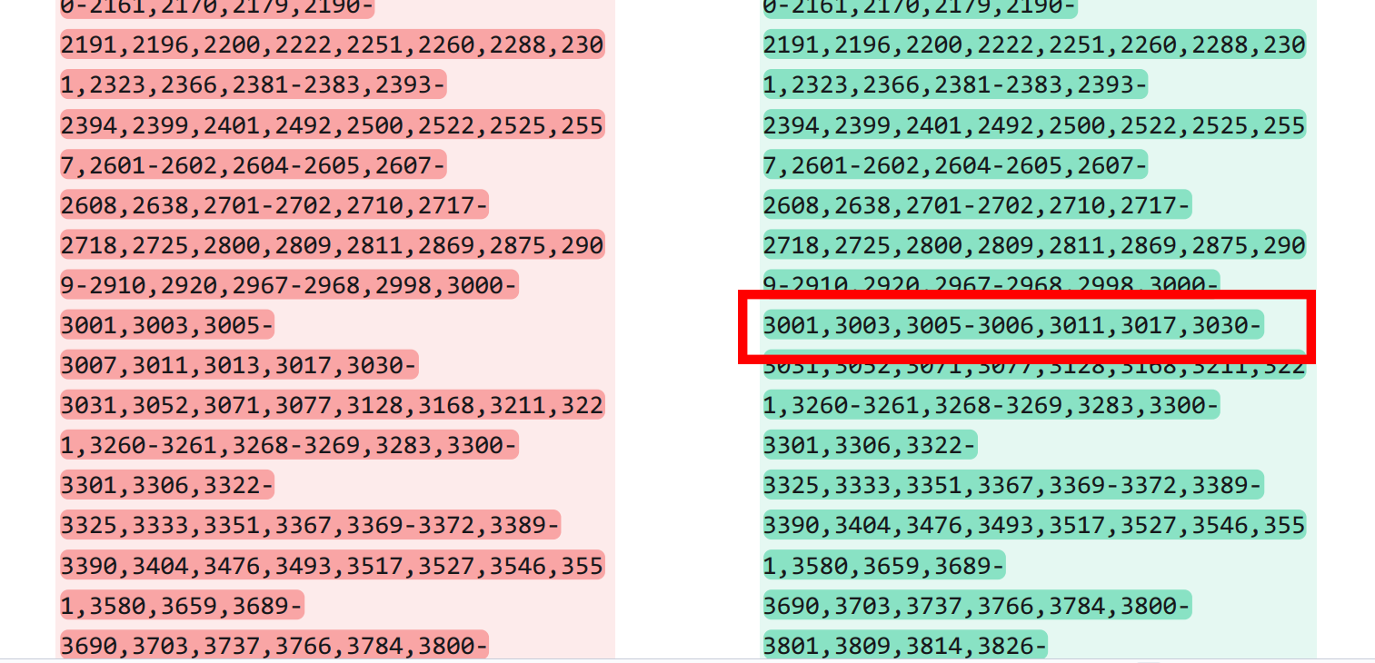 The point where Nmap 7.80 and 7.97 service numbers change.