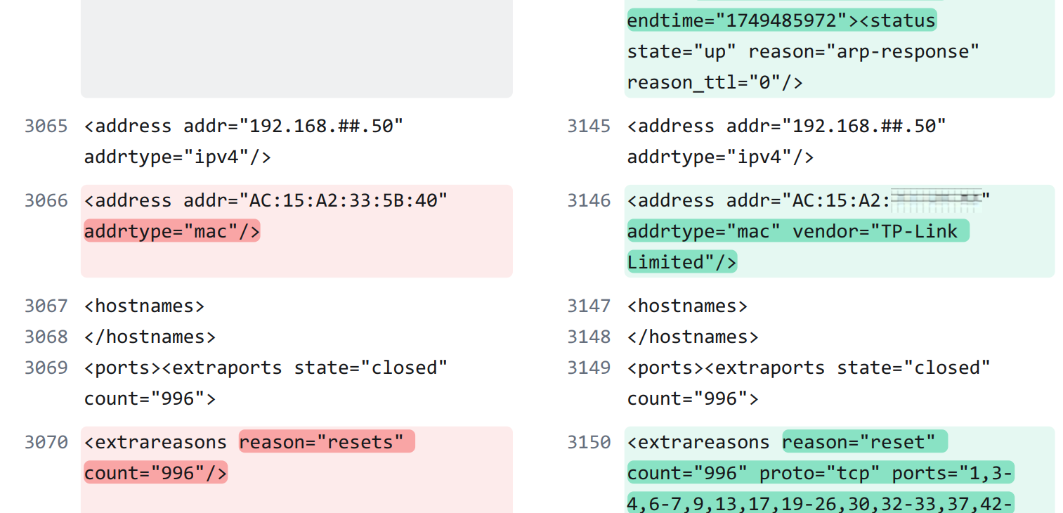 Nmap ARP Response in 7.97 (right) is more detailed than 7.80 (left), including vendor name and reset reasons.