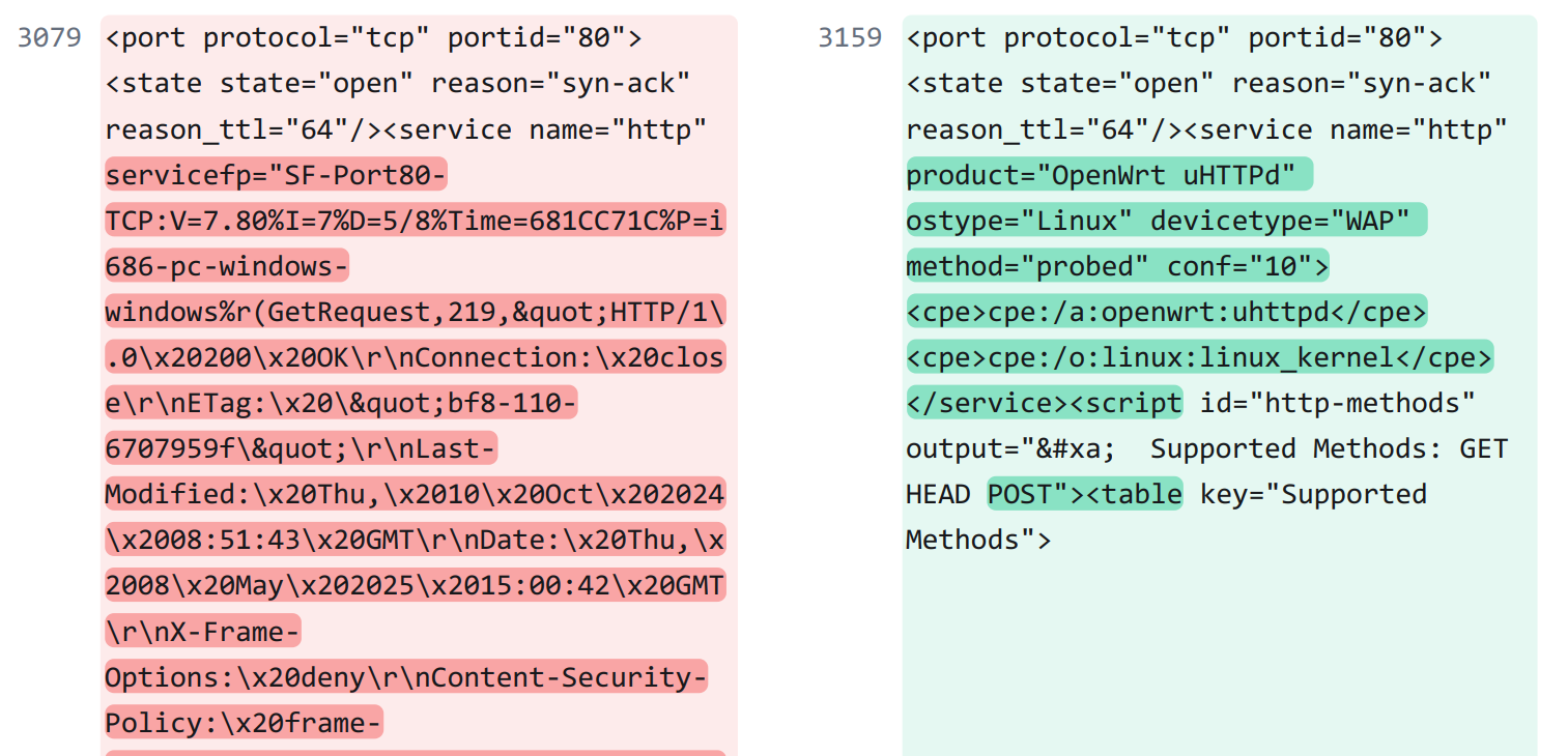 Nmap 7.97 HTTP service report delivers a concise report on OS, device type, and method, while 7.80 dumps HTML content.