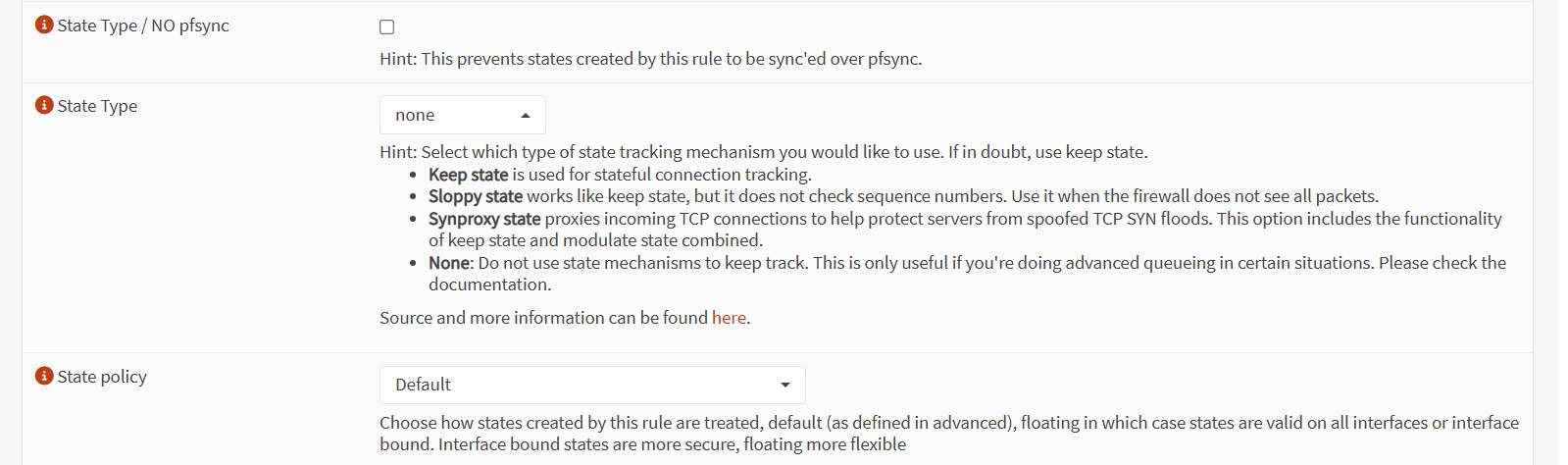 OPNSense rule page help for setting states.