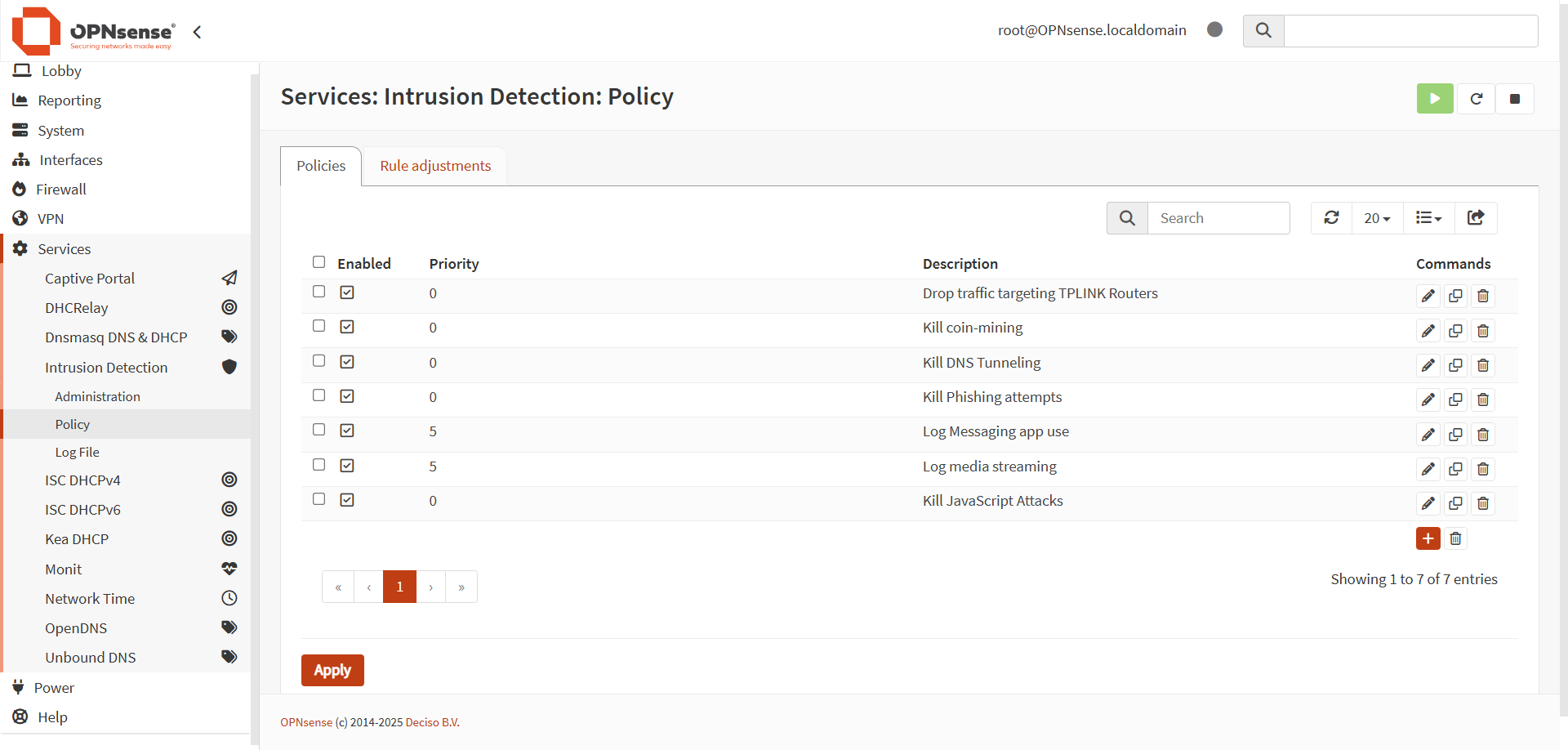 OPNSense Suricata IPS policies set for use on the Transparent Filtering Bridge.