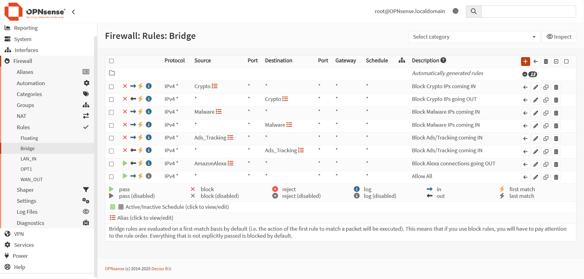 Transparent Filtering Bridge configuration with multiple aliases, blocking potential threat traffic from entering or exiting the network.