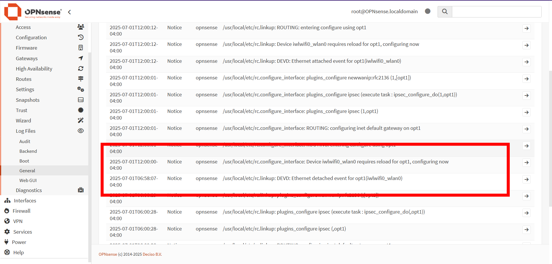 OPNSense log showing the WiFi connection failing within an hour of one reboot, then rebooting at noon to restore connectivity.