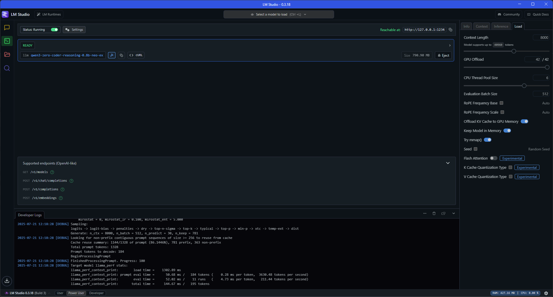 Qwen3-Zero-Coder-Reasoning-0.8B-Neo-Ex loaded in LM Studio.