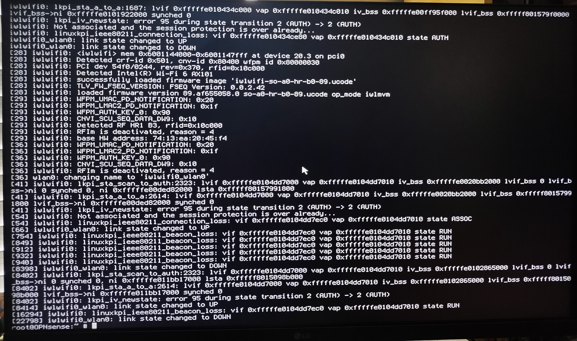 OPNSense shell showing loss of WiFi connectivity.
