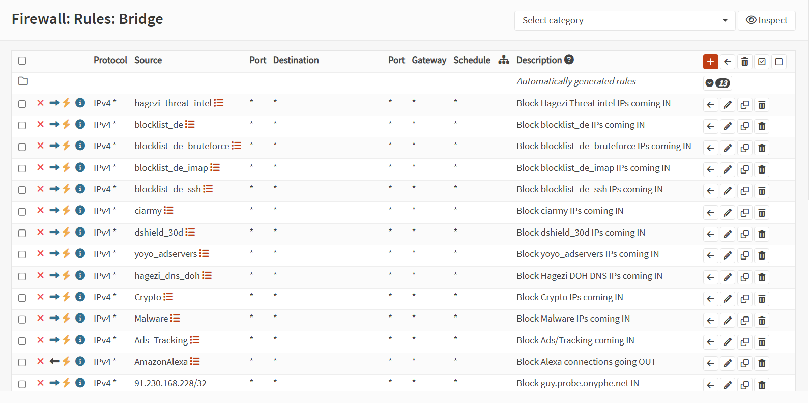 Updated OPNSense rule list for blocking incoming connections.