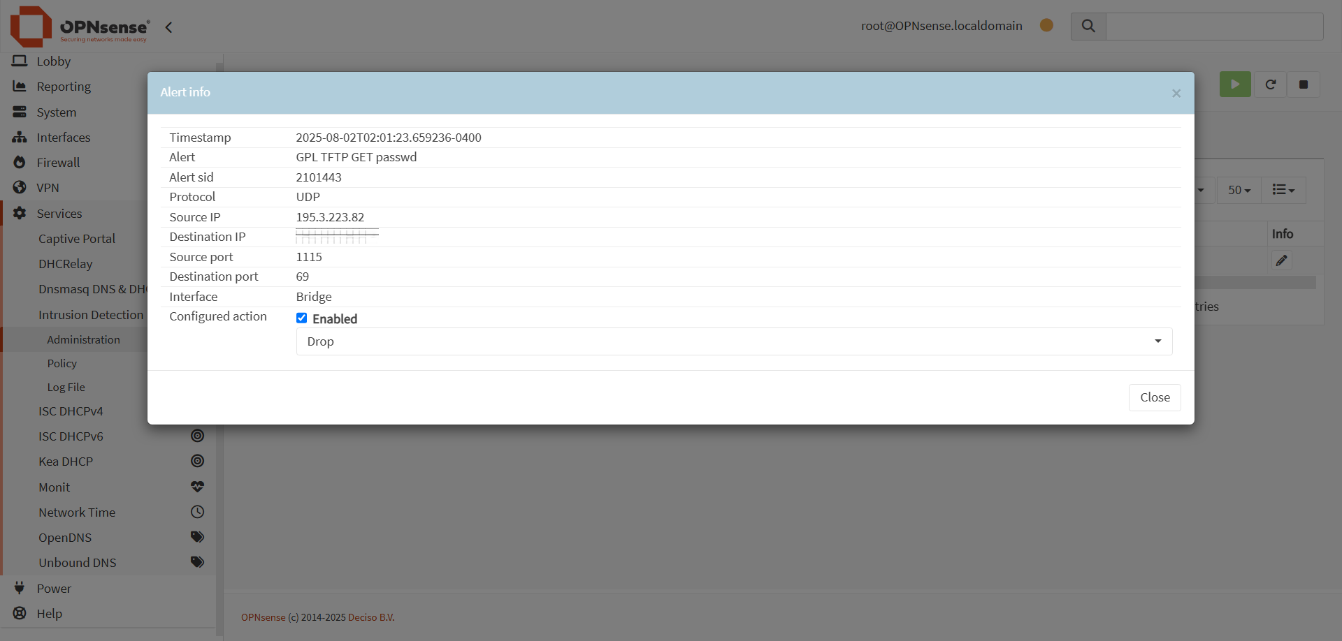 Suricata detection of TFTP GET request for passwd files.