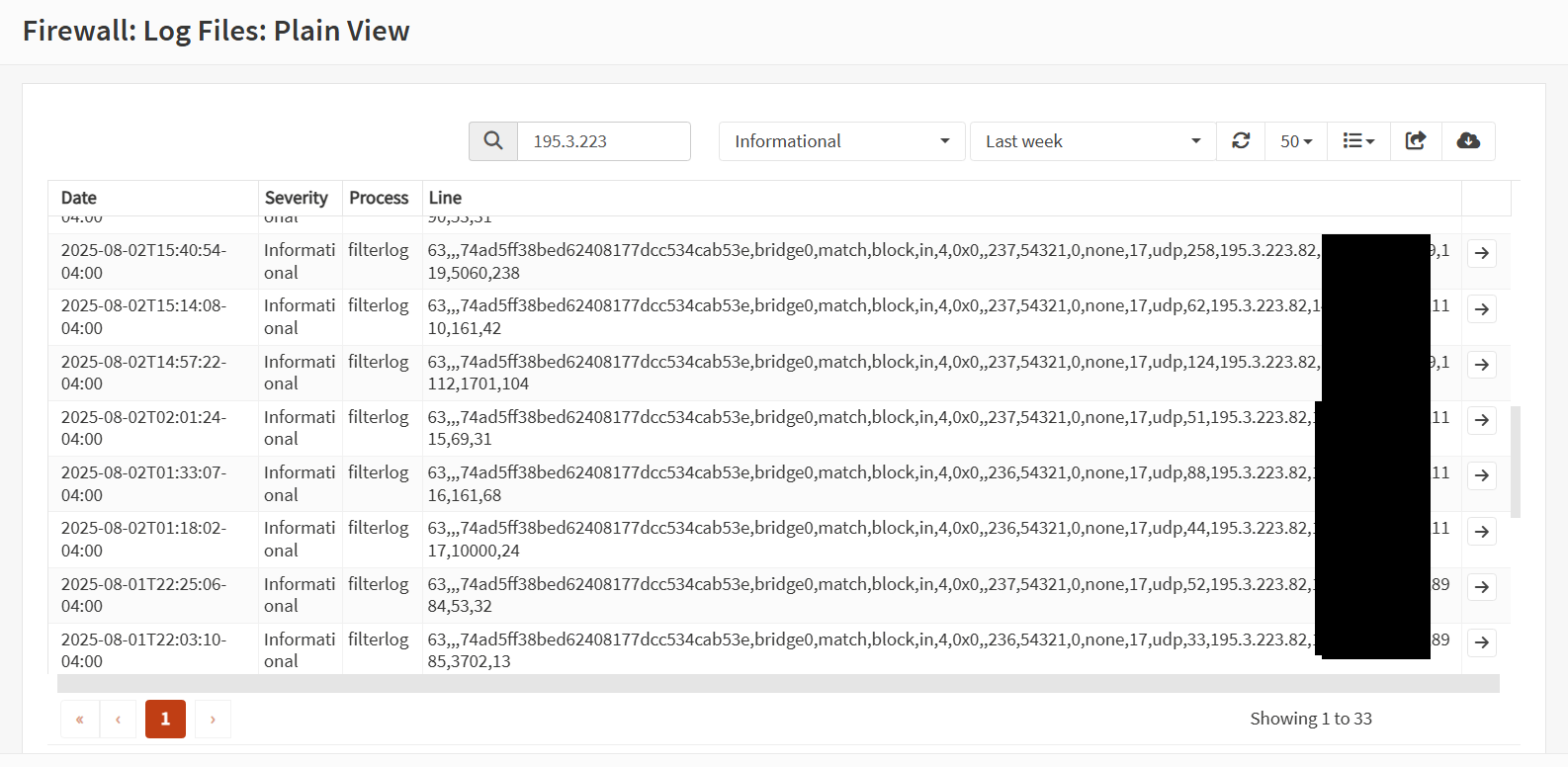 OPNSense log entries involving 195.3.223.82 on August 2, 2025.