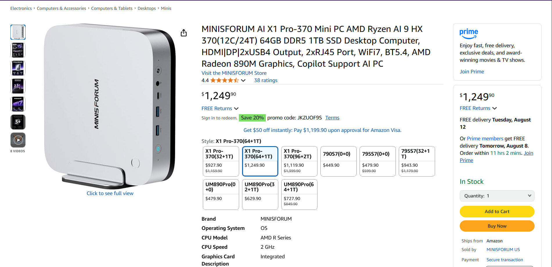 Amazon product page for the MINISFORUM AI X1 Pro-370 Mini PC.