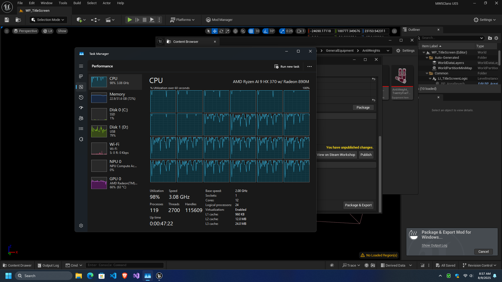MechWarrior 5: Clans modding SDK based on Unreal Engine 5.5.4 - CPU load of 98%.