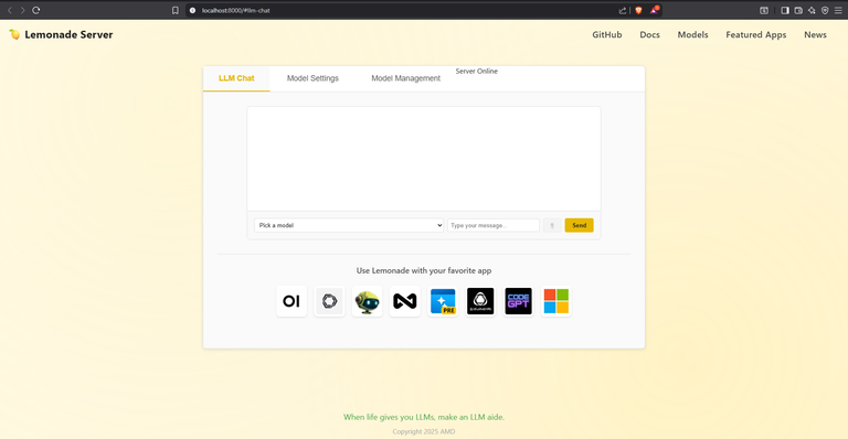 Lemonade Server v8.1.3 chat GUI in Brave.