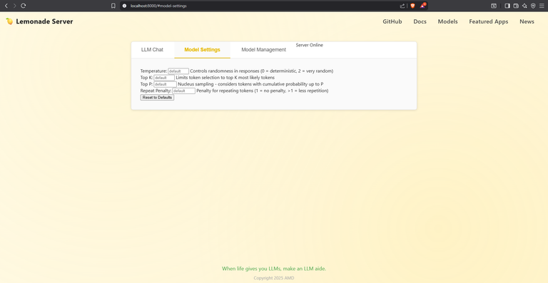 Lemonade Server v8.1.3 model management GUI in Brave.