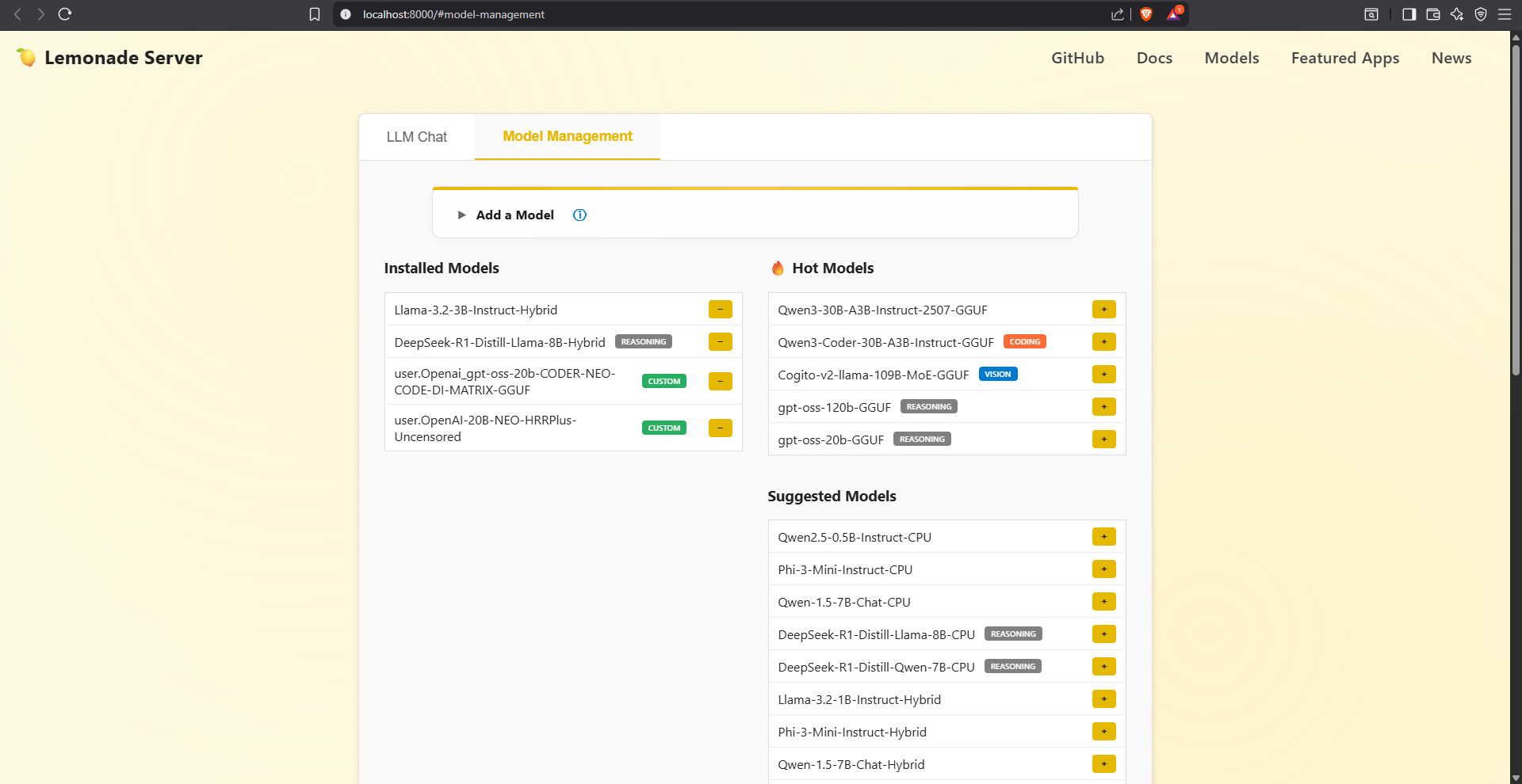 Lemonade Server v8.1 model management GUI.