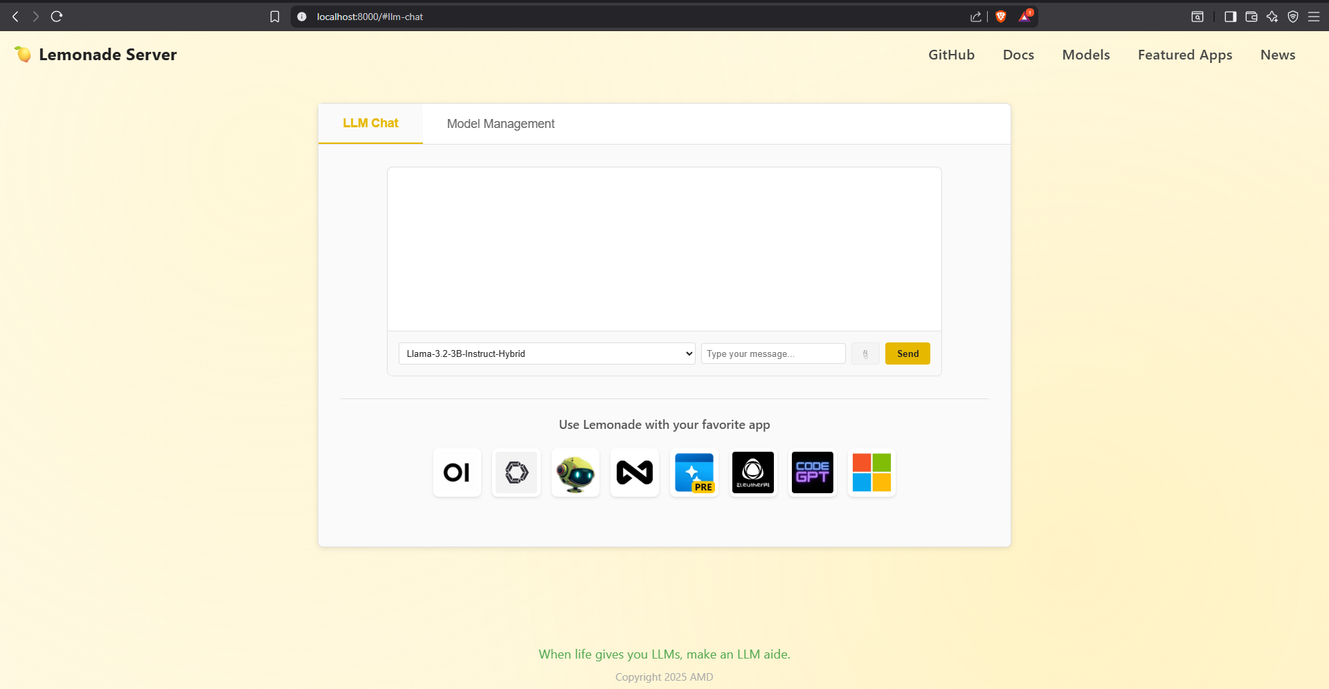 Lemonade Server v8.1 chat GUI.