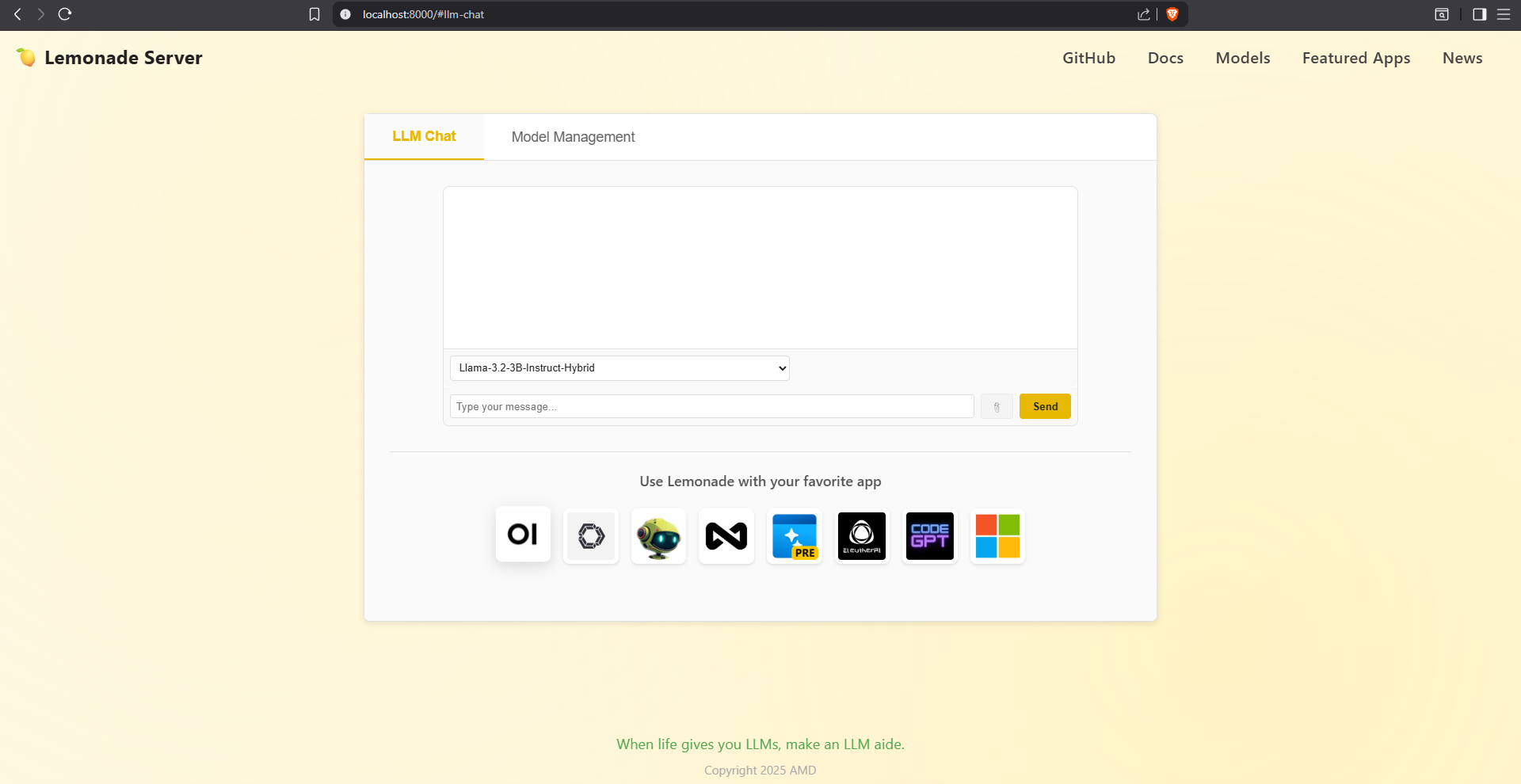 Improved Lemonade Server GUI mockup, with model selector and inputs on separate rows.