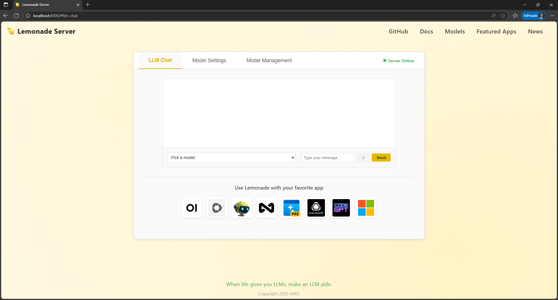 Lemonade Server v8.1.3 chat GUI with server online indicator.