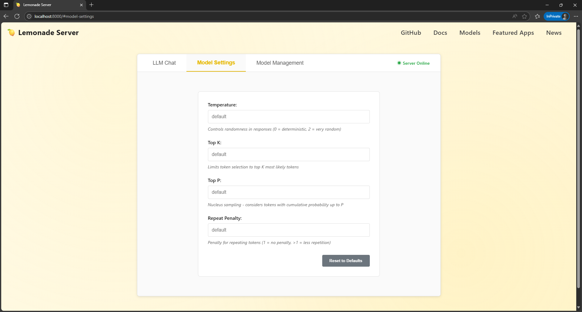 Lemonade Server v8.1.3 model settings page.