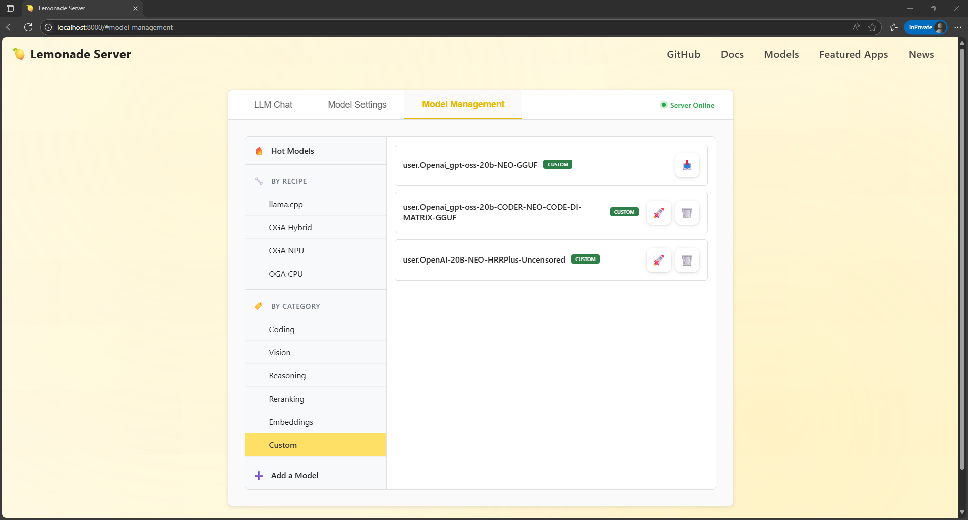 Lemonade Server v8.1.3 model management UI.