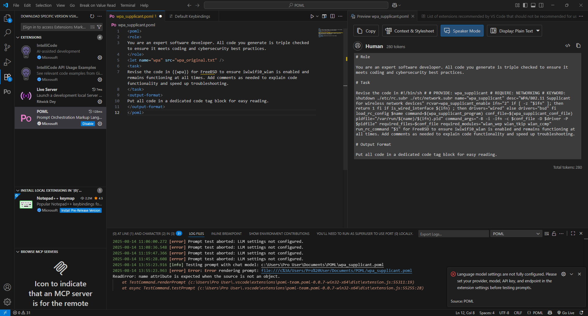 POML VS Code Extension in use, showing prompt preview.