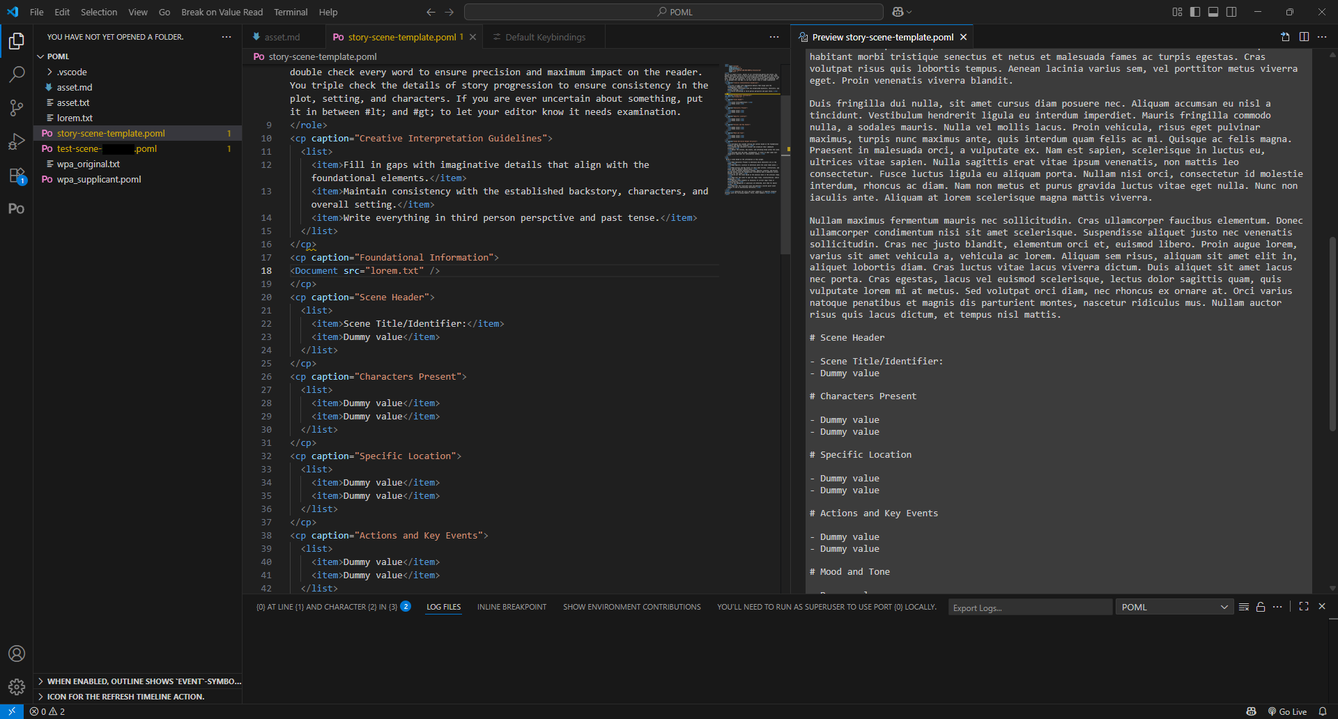 POML story scene generation template prompt, with generic values in all item tags.