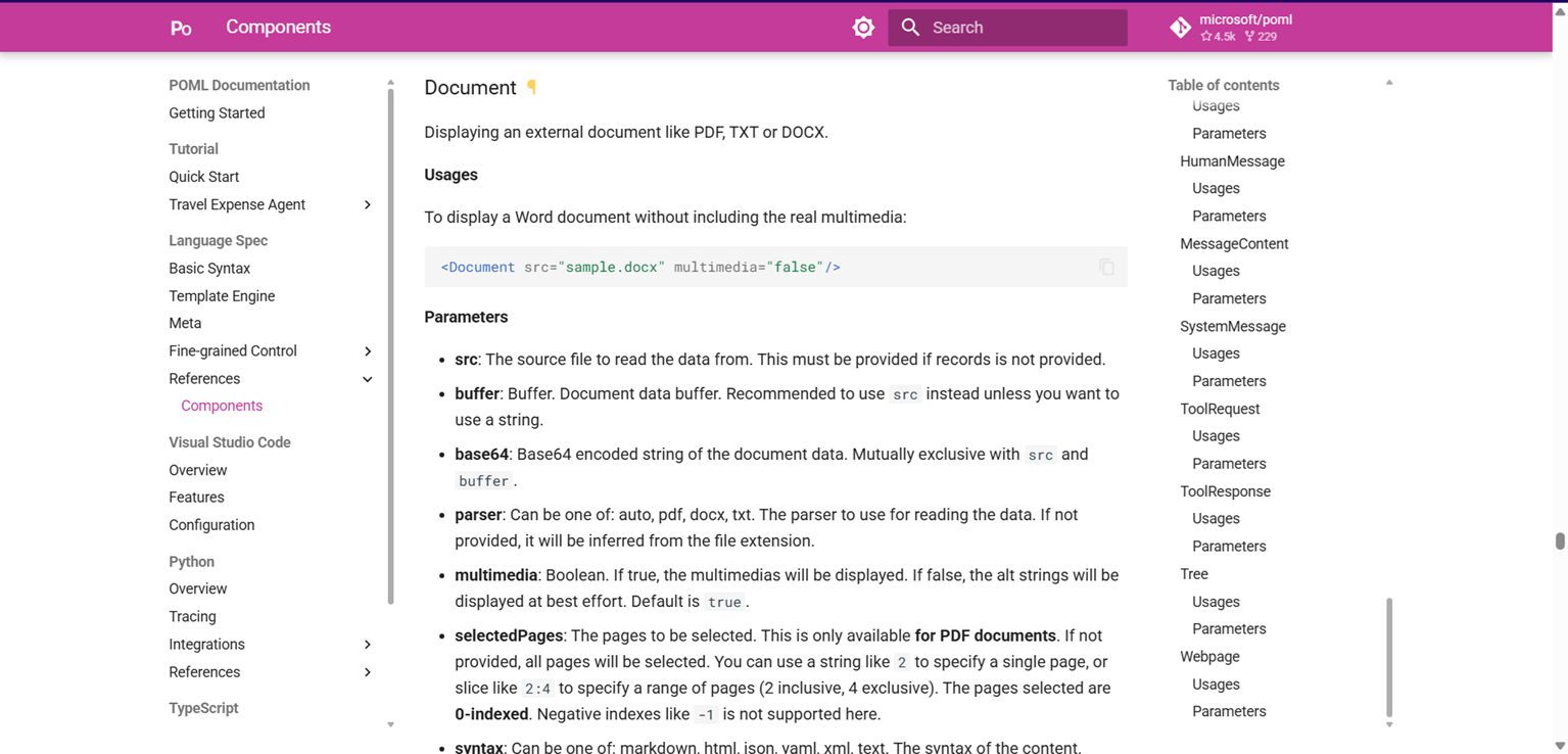 POML documentation on Document embedding.