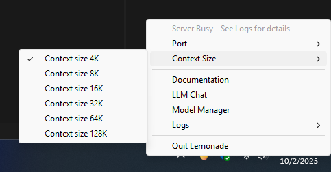 Lemonade Server Context Window Size options revealed when right clicking the icon.