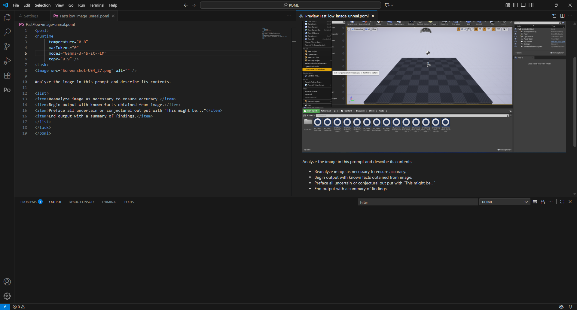 POML vision model test prompt with embedded image of Unreal Engine 4.27 interface.