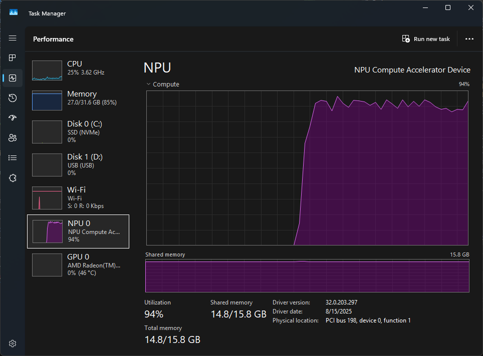 NPU utilization at the start of the coding prompt test.