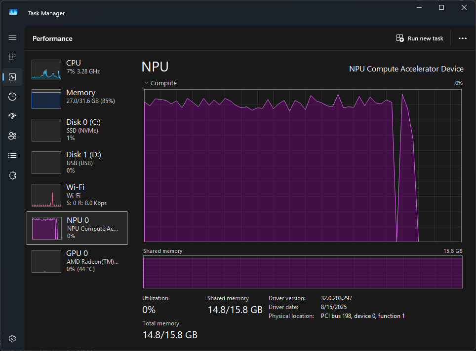 NPU utilization at the end of the coding prompt test.