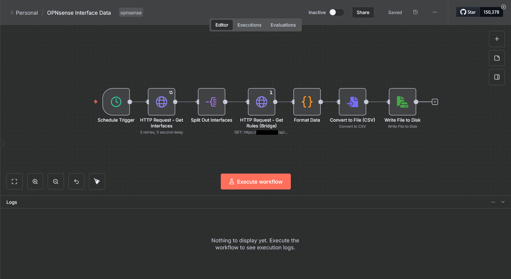 Finalized N8N workflow for using HTTP requests to gather data on firewall interfaces, before writing to a CSV file.