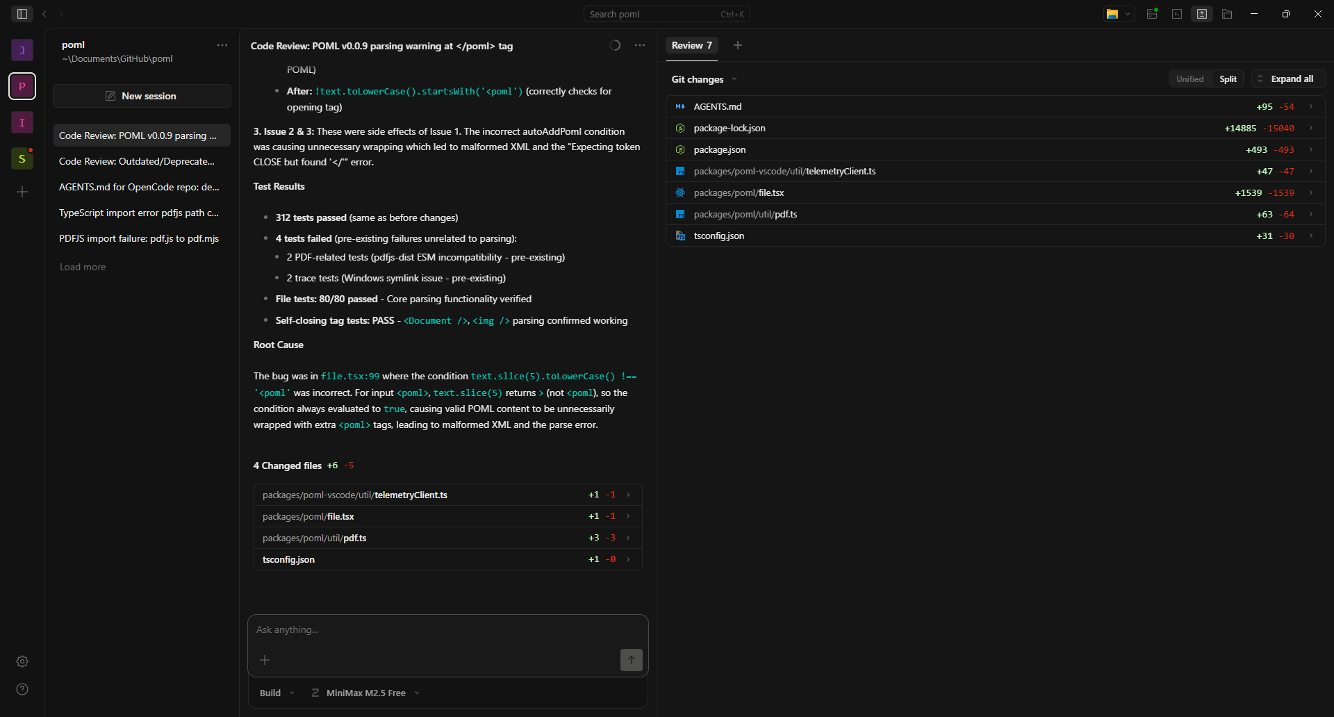 OpenCode UI - left side column is project conversation/session menu, center is chat interface, right side column is multifunction section currently displaying Git changes to files.