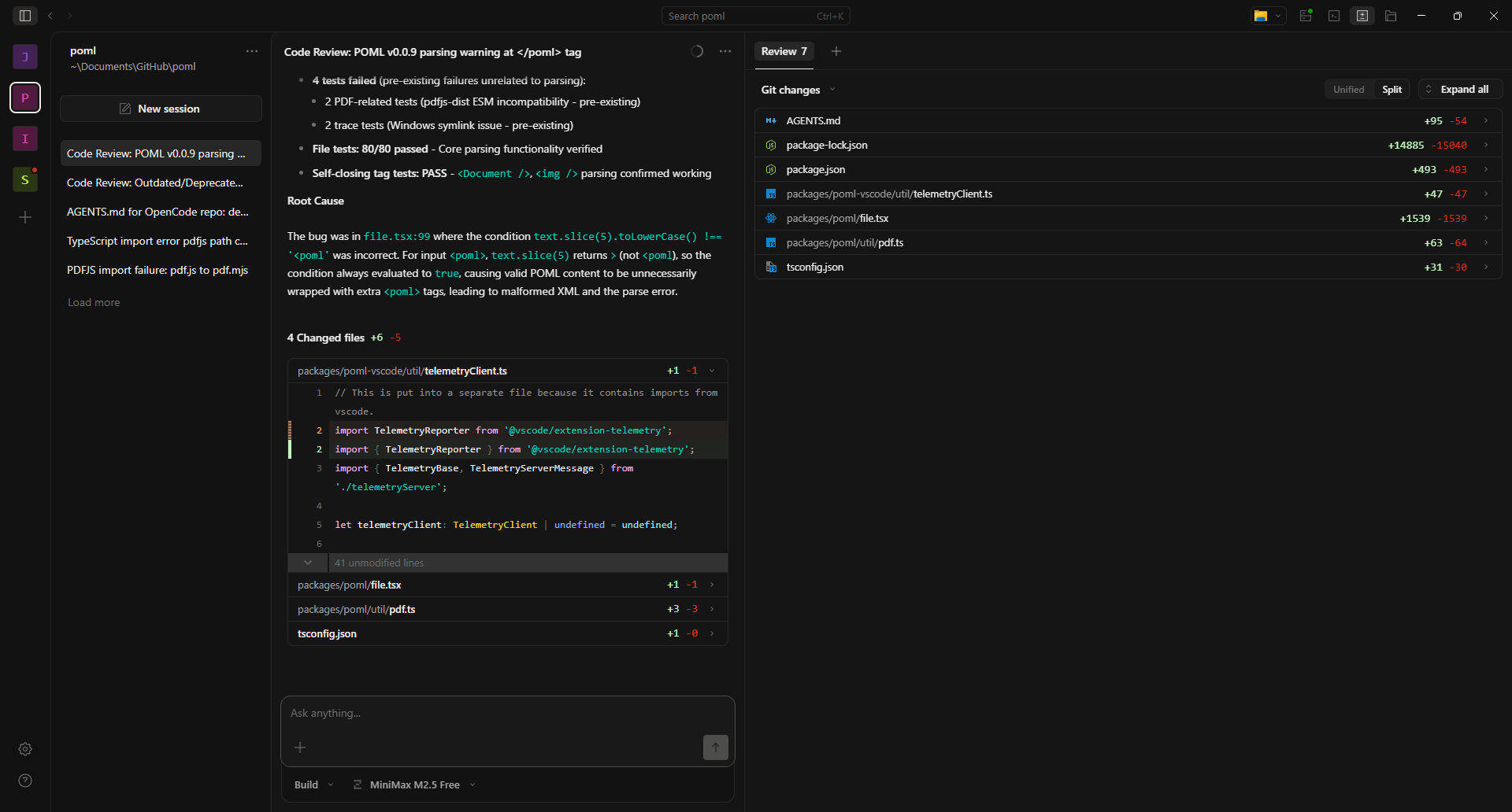 OpenCode chat with code changes - changes are stored within accordions, allowing the user to inspect the changes without loading the full diff.