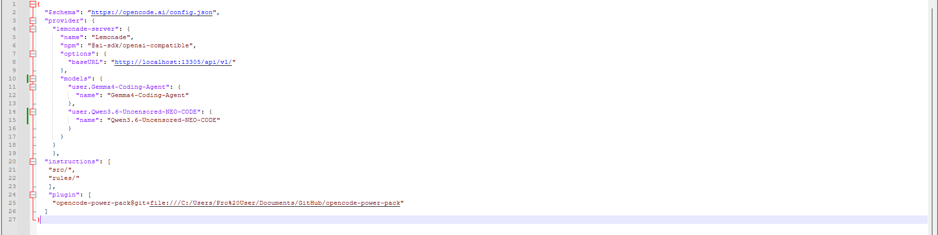 opencode.jsonc file, which is one of two places where local AI models can be configured.