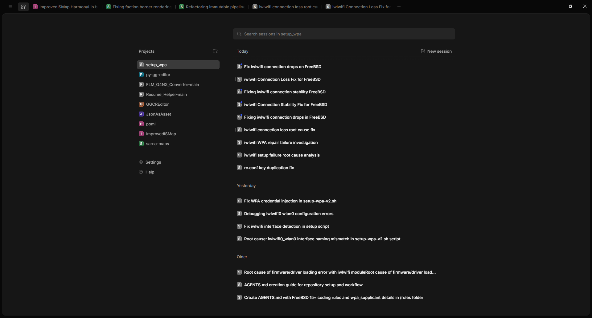OpenCode UI showing all conversations related to updating setup_wpa repo.