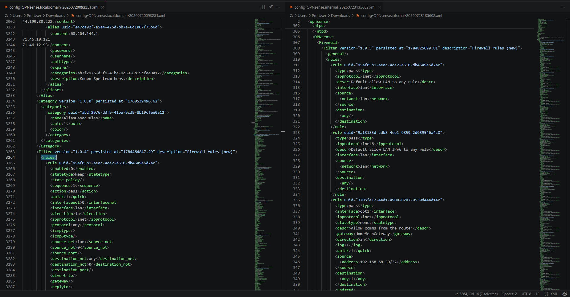 Side by side comparison of the two OPNSense configuration files, showing different layouts.