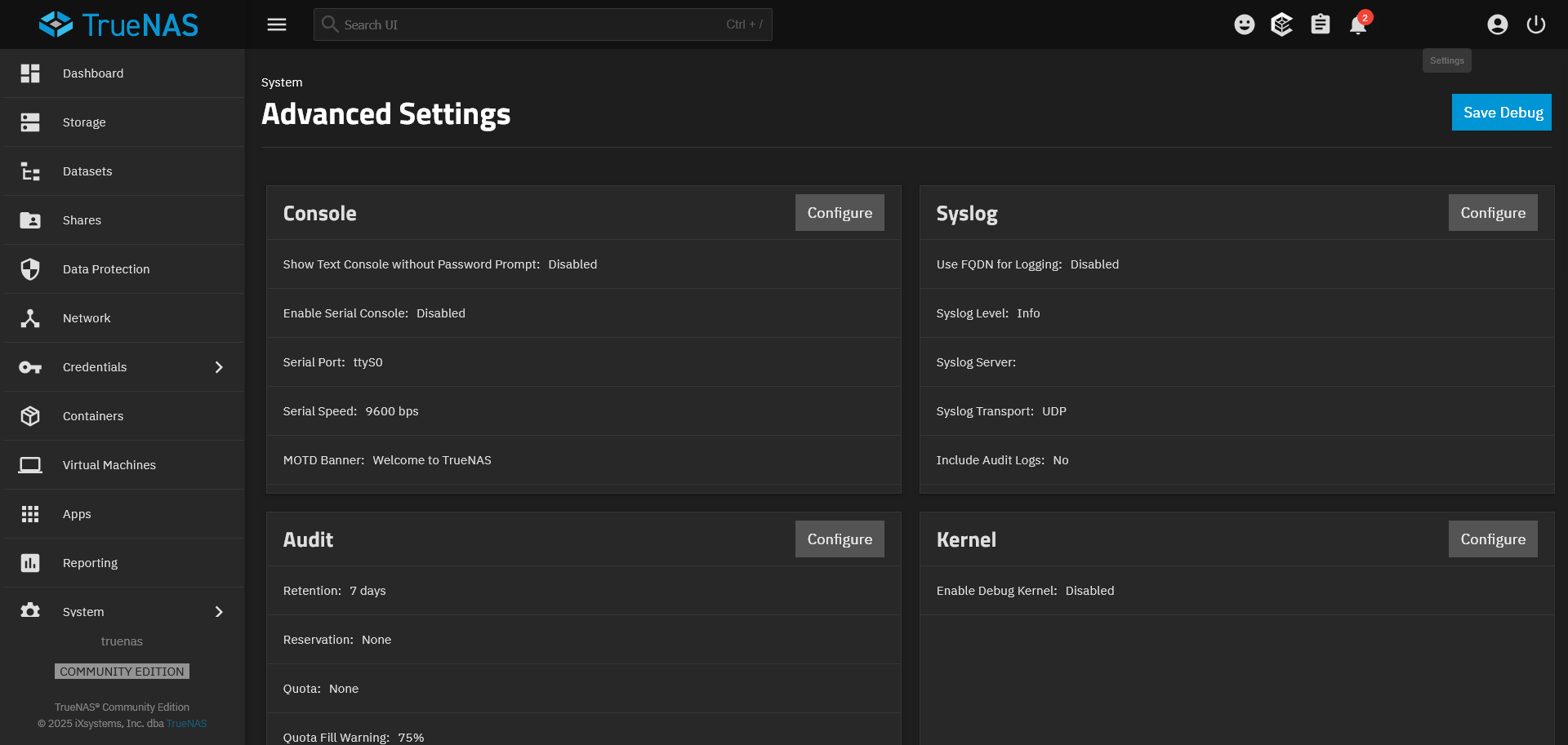 TrueNAS Advanced Settings Page