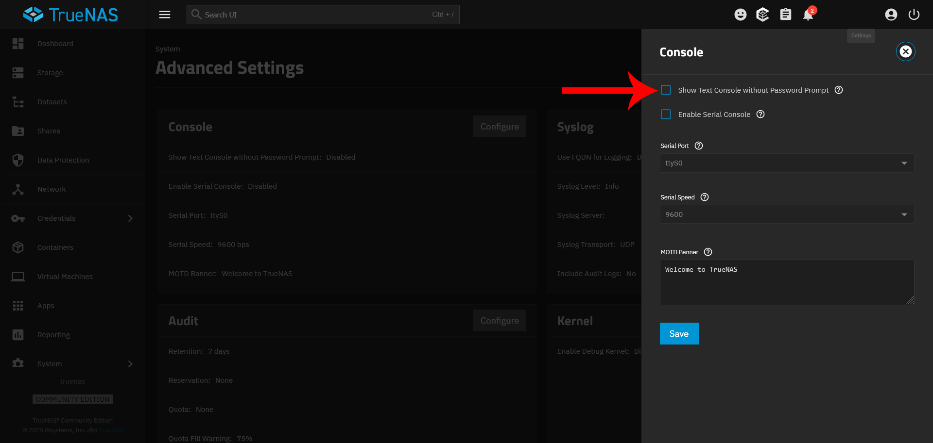 Click "Show Text Console without Password Prompt", then save.