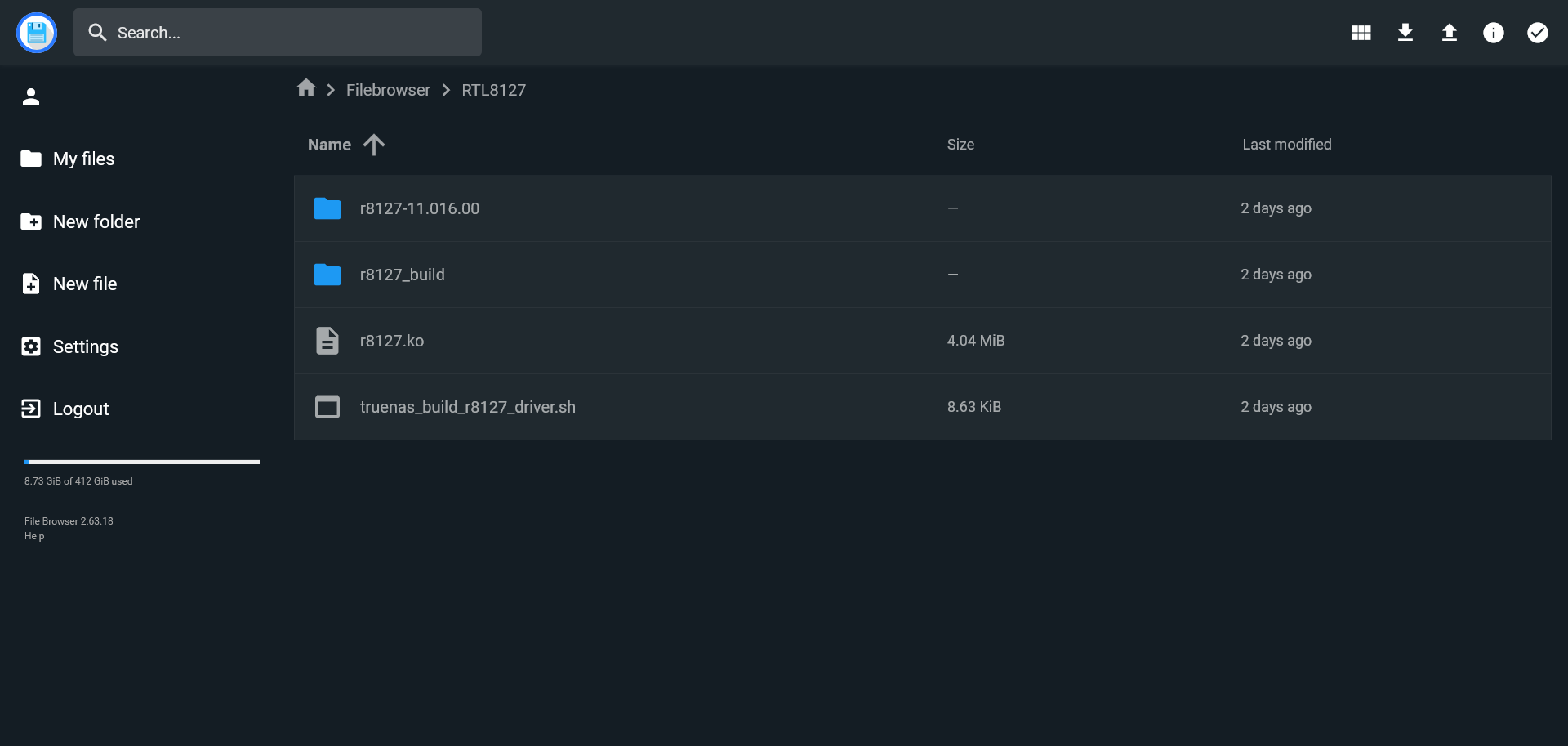 Example Filebrowser folder showing the driver folder, build script, and final driver.