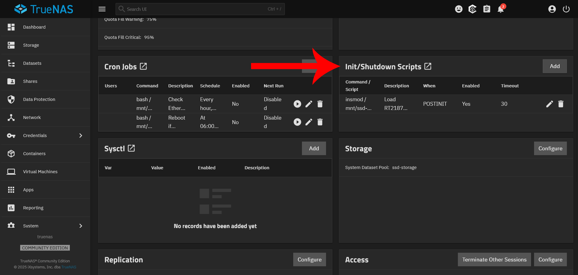 TrueNAS Advanced Settings - Init/Shutdown Scripts location.