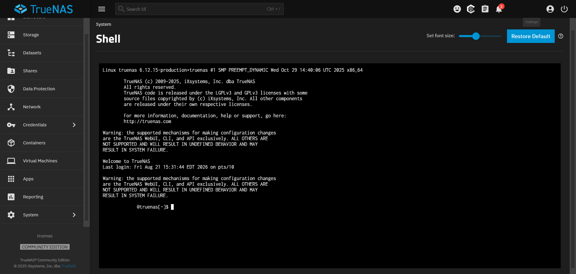 TrueNAS Community Edition webGUI shell.